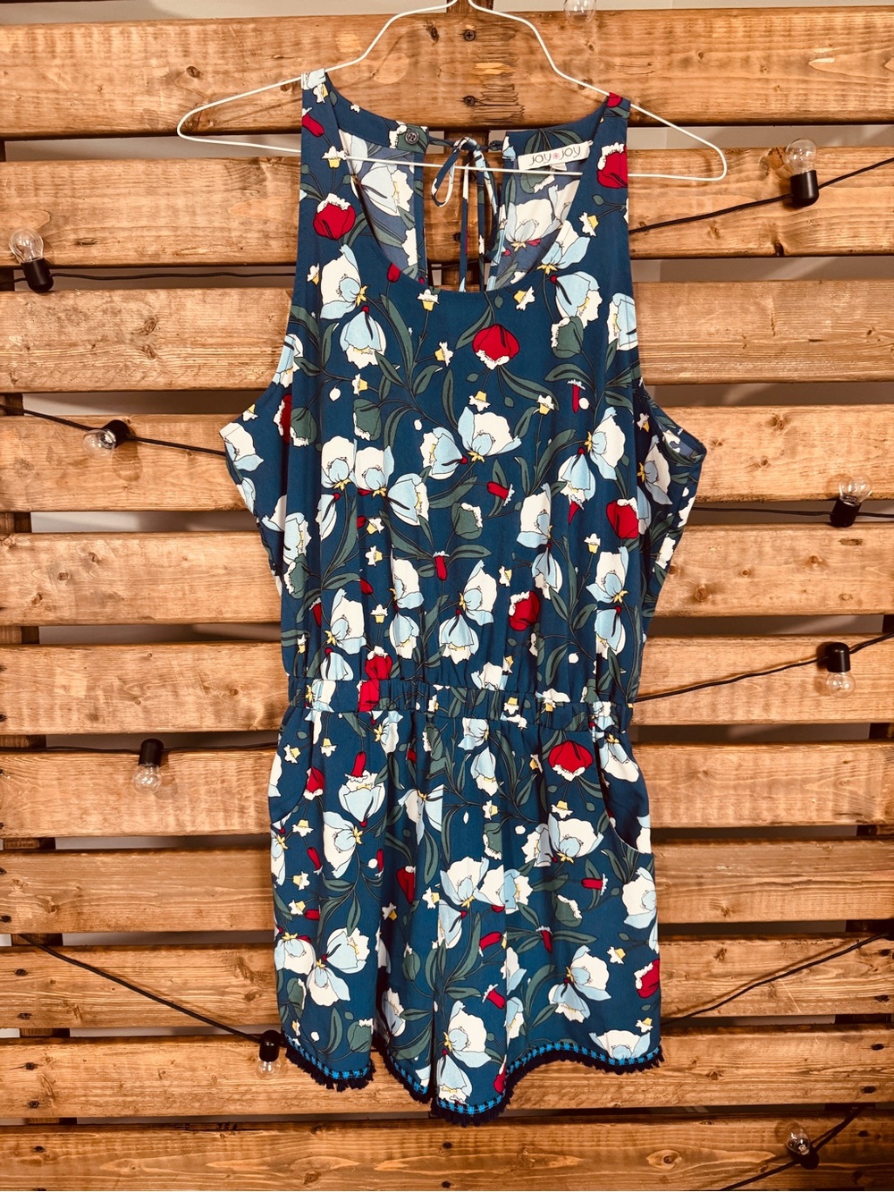 Joy Joy Floral Tassel Romper Blue Sleeveless Pockets Size L